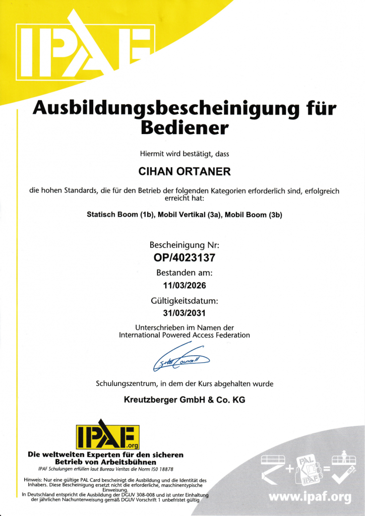 IPAF Ausbildungsbescheinigung von Cihan Ortaner für den sicheren Betrieb von Arbeitsbühnen der Kategorien 1b, 3a und 3b